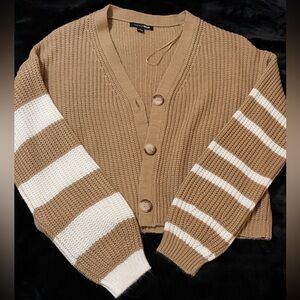 Striped Tan and White Cropped Cardigan Sweater